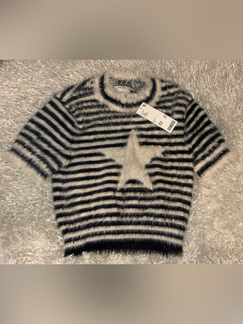 Kimchi Blue Black and Cream Striped Fuzzy Crop Top with Star